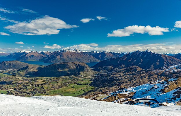 New zealand mountain panorama and snow ski slopes as seen from coronet peak ski resort queenstown