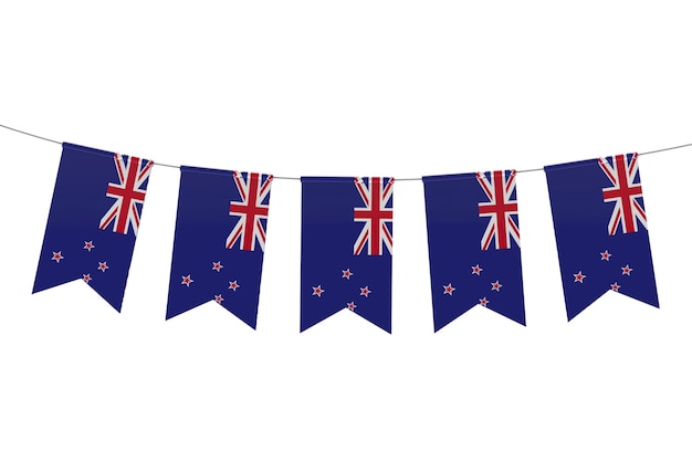 New Zealand national flag festive bunting against a plain white background 3D Rendering