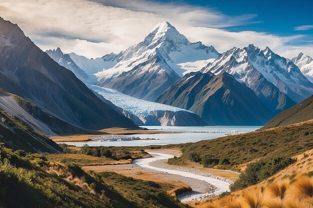 뉴질랜드의 경치 좋은 산악 풍경은 마운트  국립에서 촬영되었습니다.