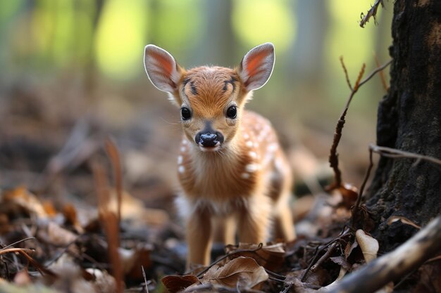 Foto il neonato è un adorabile cervo che esplora con cautela l'ambiente circostante.