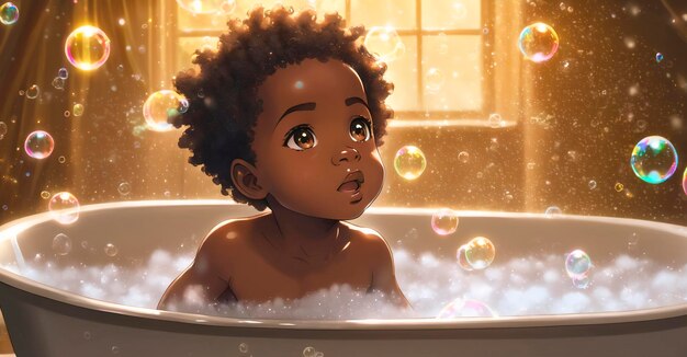 Newborn African American baby takes a bath