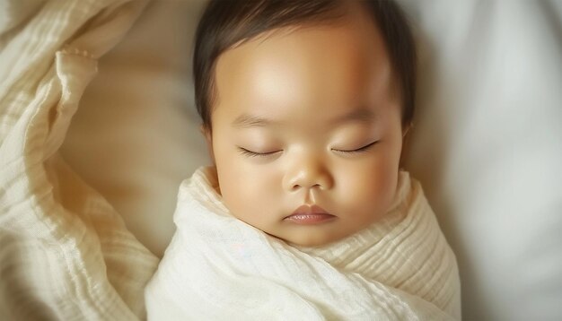 사진 새로 태어난 아시아 아기가 잠을 자고 있습니다. 색 담요 위에 누워있는 행복한 새로 태어난 아기.