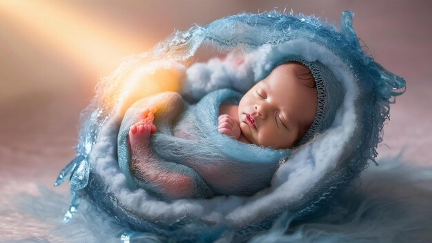 Photo newborn baby in a blue cocoon high quality photo