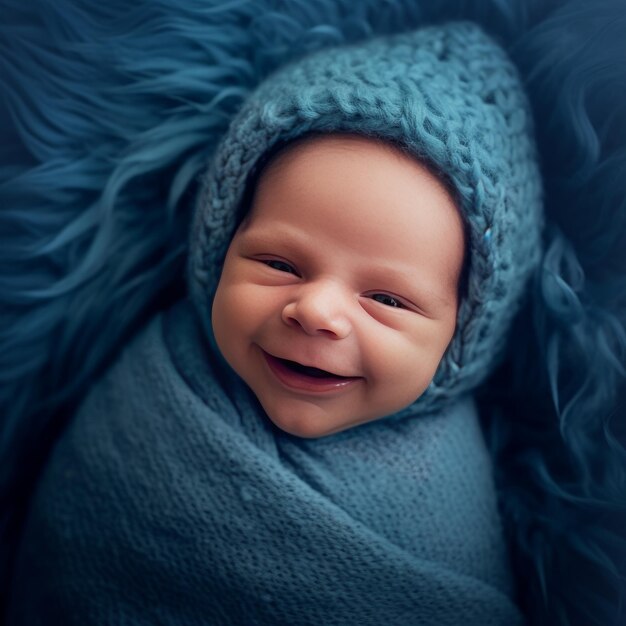 A newborn baby in blue knitted cap and wrapped with blue shawl ai image