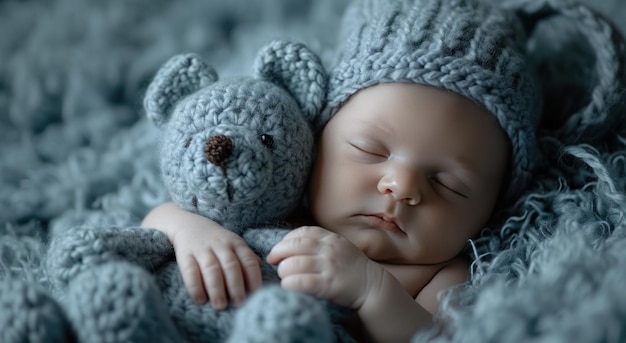 newborn baby boy sleeping in blanket with bears