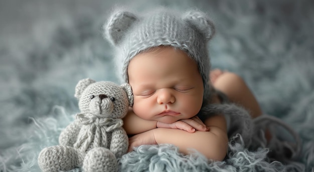 Фото Новорожденный мальчик спит в одеяле с медведями