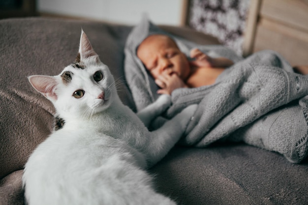 猫と一緒に寝ている生まれたばかりの男の子