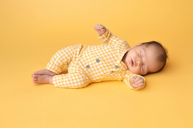곰 귀가 노란색 배경에서 자고 있는 노란색 onesie를 입은 갓난 아기