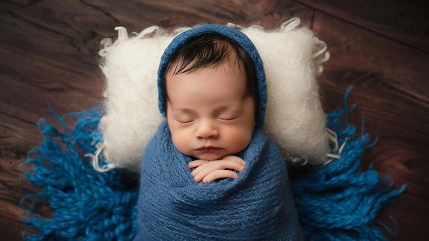 Newborn baby enveloped in blue scarf sleeps on white pillow