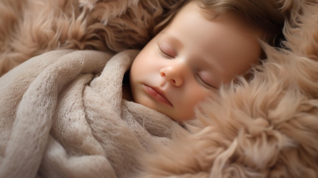 Newborn baby falling asleep on a fluffy blanket
