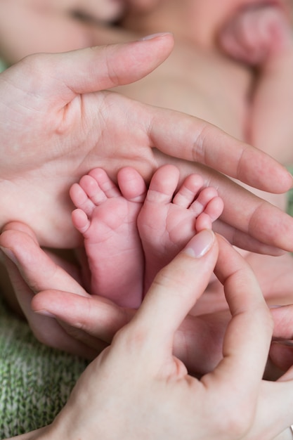 Newborn baby feet in hand