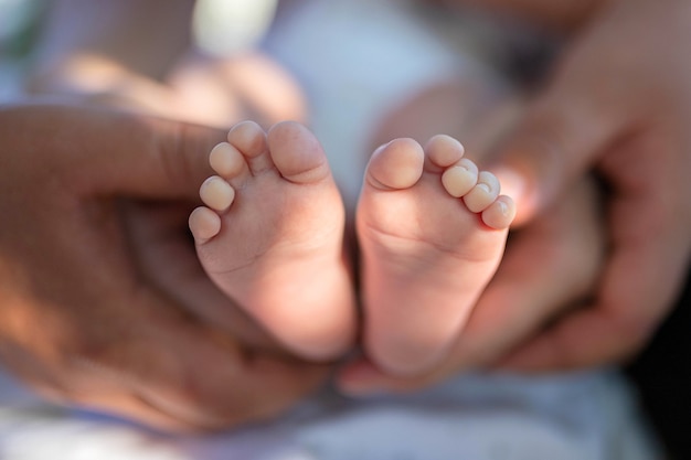 Newborn baby feet in parentsâ hands. Sun beam. Close up