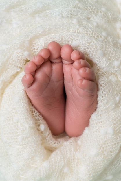 Photo newborn baby feet under the white blanket vertical photo