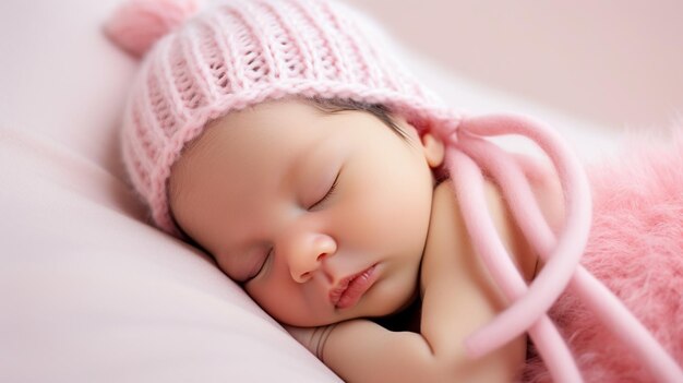 Newborn baby girl sleep on pink blanke