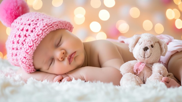 Photo newborn baby girl sleeping on fur bed