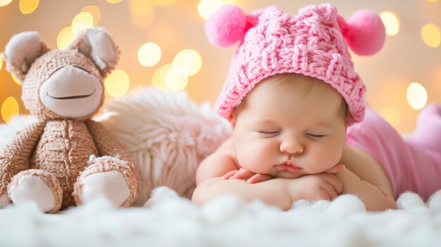 Photo newborn baby girl sleeping on fur bed