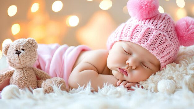 Photo newborn baby girl sleeping on fur bed