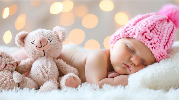 newborn baby girl sleeping on fur bed