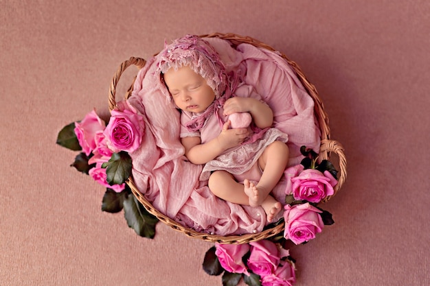 Newborn baby girl sleeping in retro basket with pink garden roses flowers