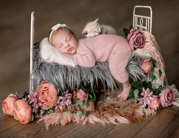 Newborn baby girl with a kitty sleeping in a tiny bed with peony flower decoration Cute infant child kid napping floral spring portrait