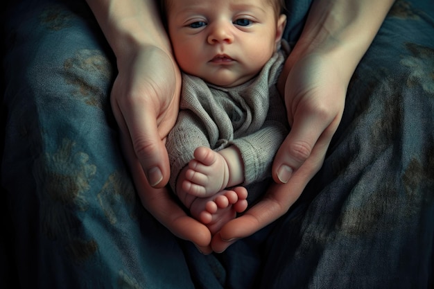 Newborn baby in the hands of a mother on a dark background Baby feet in mother's hands closeup AI Generated