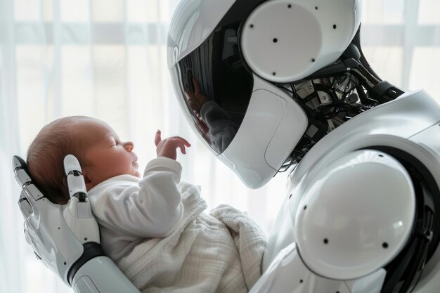 新生児 が 洗練 さ れ た 人形 ロボット の 腕 に 優しく 抱かれ て いる