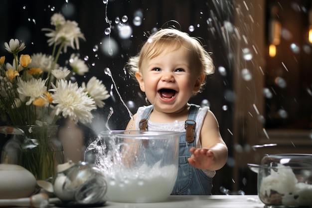 Newborn baby in the kitchen in room in the style of translucent water joyful celebration of nature