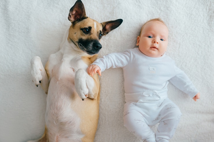 Photo newborn baby lying with funny puppy on bed.