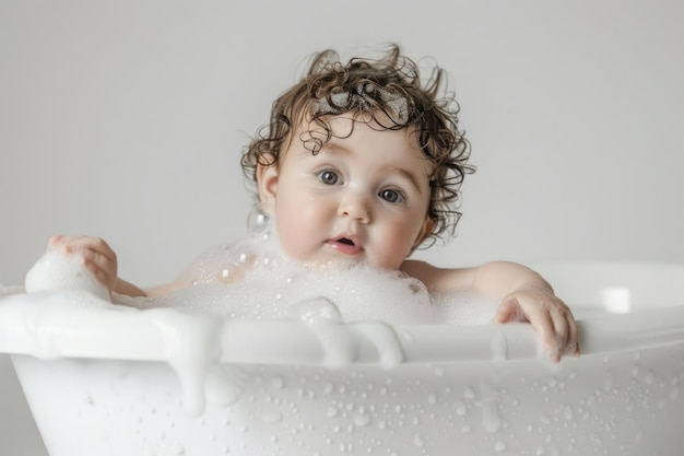 Newborn baby play in the bathtub in soap white background copy space