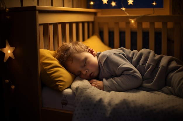 a newborn baby sleeping peacefully in the crib with a calm gesture