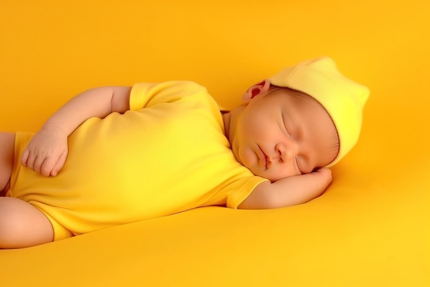 Newborn baby sleeping on a yellow background Wearing yellow clothes and a yellow hat