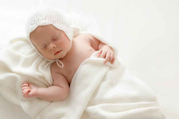 A newborn baby sleeps on a bed under a white blanket