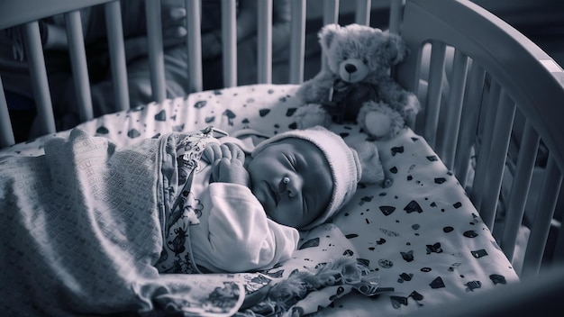 Newborn baby sleeps in hospital crib in newborn clothes