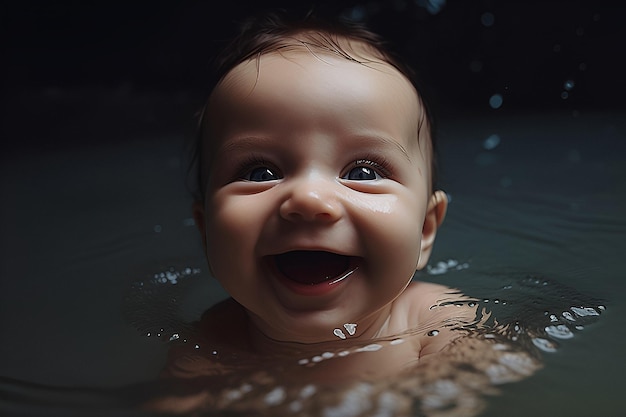 Newborn baby smiling in clear water Generation AI