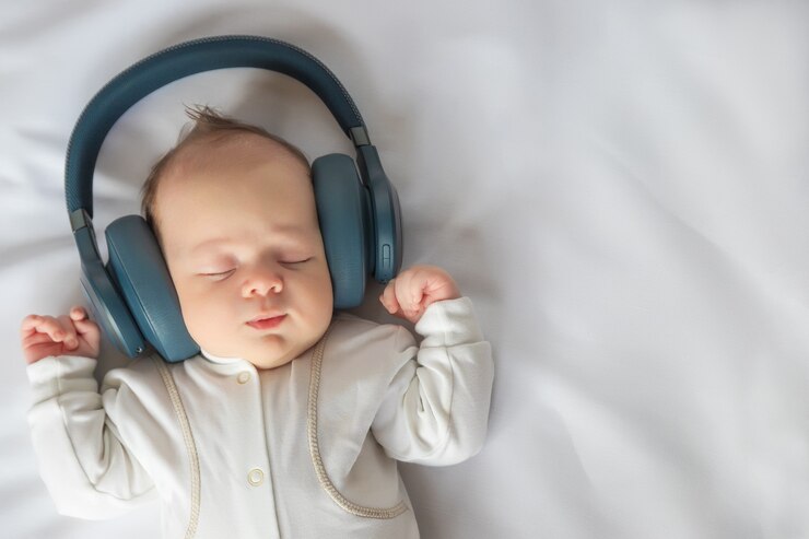 ヘッドフォンで音楽を聴き、ベビーベッドで白いシーツの上に横たわって笑っている新生児、赤ちゃんの幸せなのんきな子供時代、トーンの画像、上面図、クローズアップ
