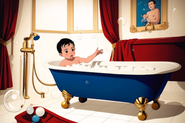 A newborn baby takes a bath