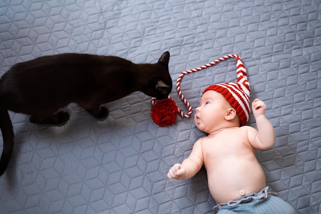 ニットのクリスマスエルフの帽子をかぶった新生児毛布の上に横たわって猫を見ている赤ちゃん