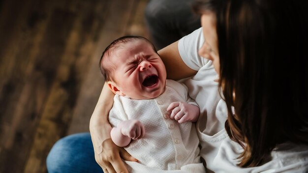 Photo newborn baby wore a white and cried in the arms of the mother