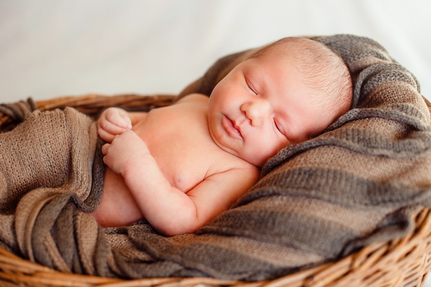 Newborn baby in a woven wooden basket in a brown plaid