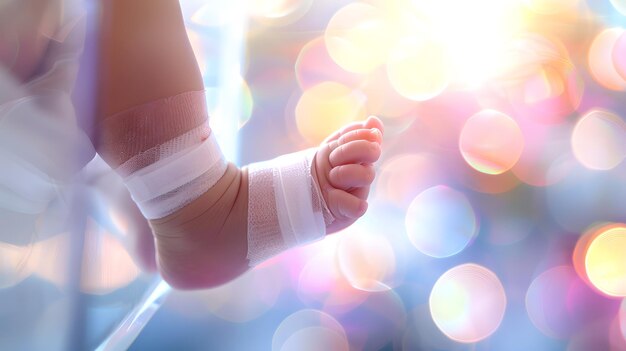 写真 newborn babys tiny hand gently grasping with a soft focus background beautiful bokeh lights enhancing tenderness perfect for family health and love themes ideal for new parents ai