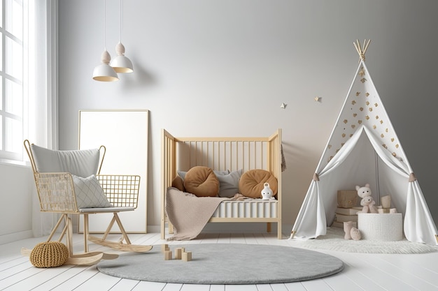 Newborn bedroom with wood cradle chair carpet lamp wall poster