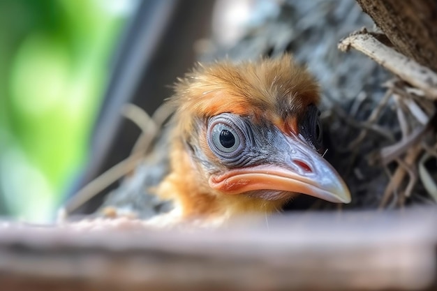 生成 AI で作成された、巣から顔を出して餌をねだる生まれたばかりの鳥