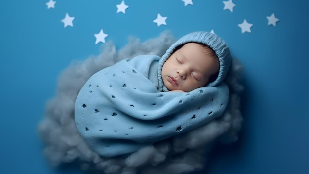 a newborn on a blue background is sleeping on a blanket