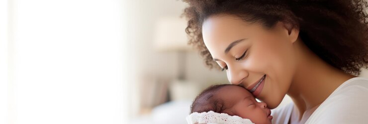 Newborn bond minimalistic extreme closeup of an African American mother and her baby at home