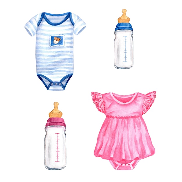 Newborn boy girl set pink blue bodysuit and bottle Hand drawn watercolor illustration isolated