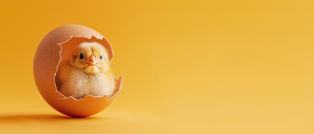 A newborn chick peeking out from a cracked eggshell on a vibrant yellow background