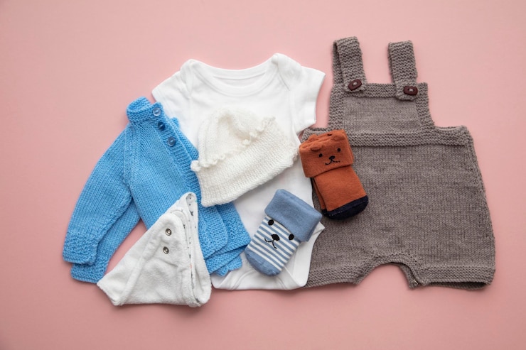 Photo newborn child clothing layout on a pastel pink background