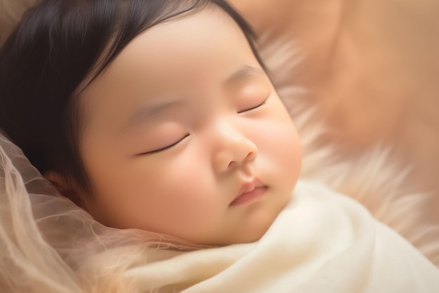 사진 새로 태어난 중국 아기 가 편안 하게 눈 을 닫고 평화롭게 잠 을 자고 있다