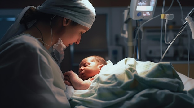 병원의 신생아 병원에서 태어난 아기 치료 중인 아픈 환자 아기를 안고 있는 간호사 생성 AI