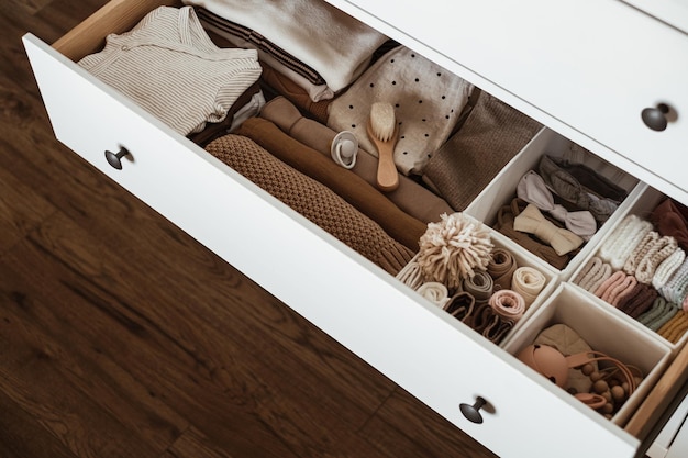 Photo newborn clothes and baby care accessories set in drawer shelf fashion scandinavian newborn clothes online fashion store branding online shopping concept